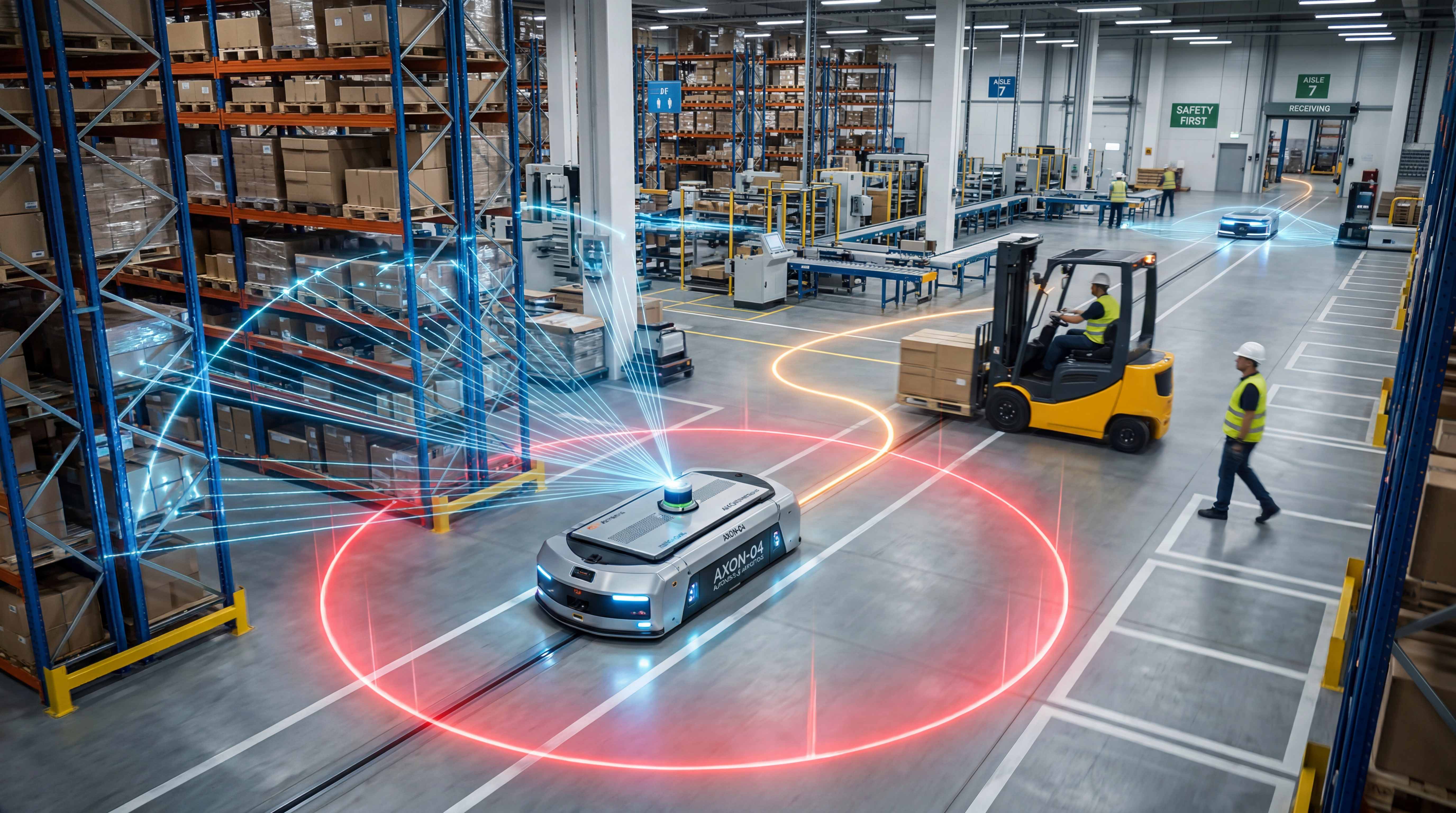 AMR using safety zones and LiDAR sensing to manage forklift and pedestrian traffic in a warehouse